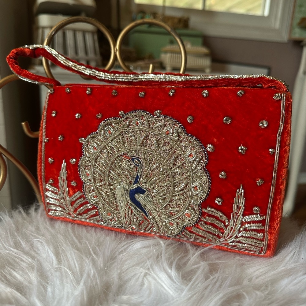 VINTAGE Embroidered Red Velvet Peacock Clutch - Evening Bag!!